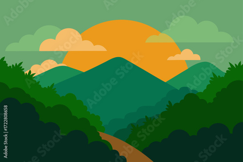 Serene mountain landscape with a warm sunset behind rolling green hills and fluffy clouds