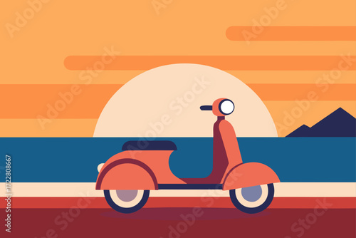 Retro orange scooter parked by the ocean at sunset with stylized mountains and warm sky