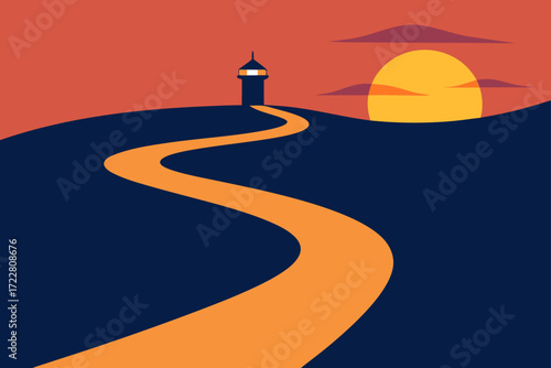 Winding orange path leads to a lighthouse on a hill at sunset with a large sun
