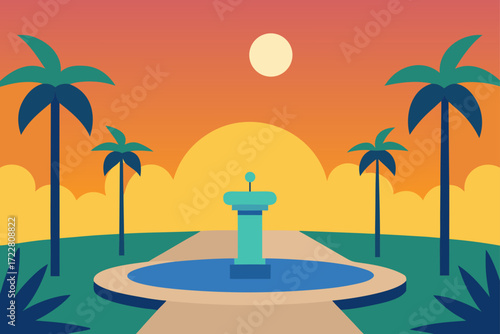 Stylized flat design of a tropical fountain and palm trees at sunset with a warm orange sky