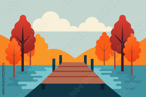 Flat design illustration of a wooden pier extending into a calm lake surrounded by autumn trees and rolling hills