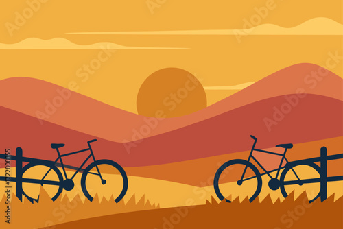 Two bicycles parked by a wooden fence in a stylized landscape at sunset with rolling hills and warm colors