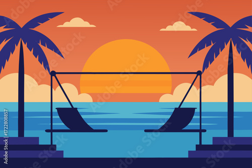 Tropical beach sunset with palm trees and empty swings over the ocean water
