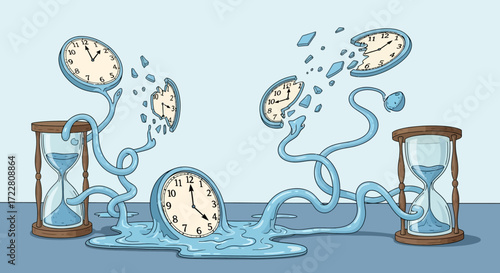 Surreal Time - Melting Clocks and Flowing Sand Timers in a Dreamlike Scene.