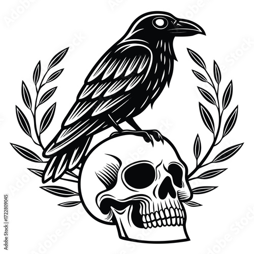 Vector art of a black crow perched on a human skull, surrounded by a laurel wreath