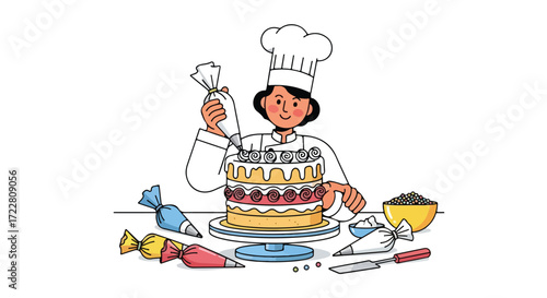 Illustrative scene: A cheerful confectioner decorating a layered cake with delightful floral accents and artistic swirl design