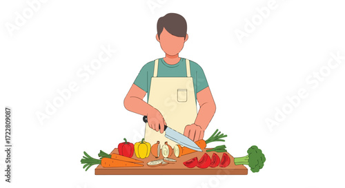 Illustrative depiction of a cook preparing a variety of fresh vegetables, highlighting home cooking and healthy eating practices for vibrant wellness