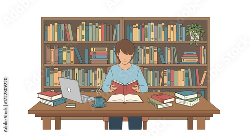 Person engrossed in books and learning materials in a library setting with vintage aesthetic details