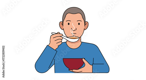 Illustration of a man enjoying a steaming bowl of soup with a spoon, showing simple contentment and relaxation associated with mealtime and