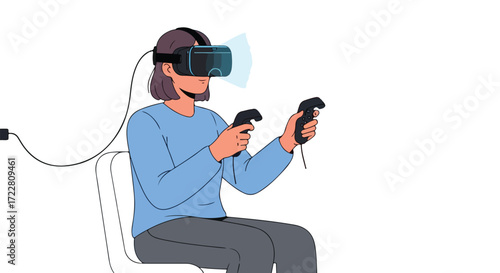 Immersive Virtual Reality Experience: Woman Navigating Digital Realms with VR Headset and Controllers