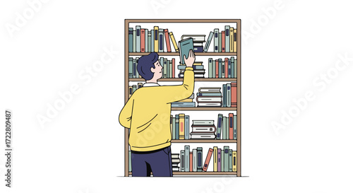 Introspective moment: An individual selecting a book from a diverse bookshelf brimming with varied literary choices reflecting knowledge seeking