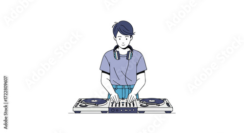 Young music mixer in action creating unique rhythms and soundscapes on a professional audio setup in an expressive illustration