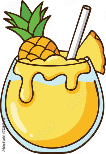 Creamy pineapple shake in round jar with dripping topping and straw