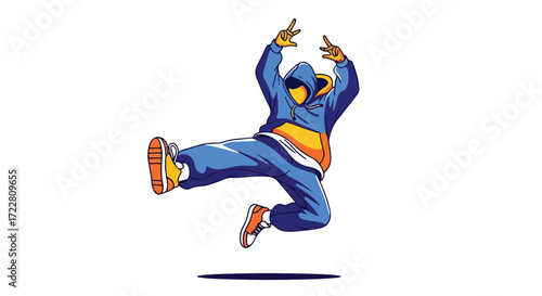 Dynamic Cartoon Illustration of a Street Dancer Performing an Energetic Jump on a White Background