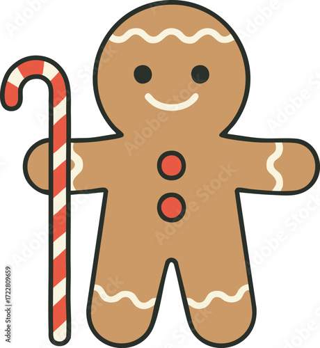 Smiling gingerbread cookie character holding a candy cane
