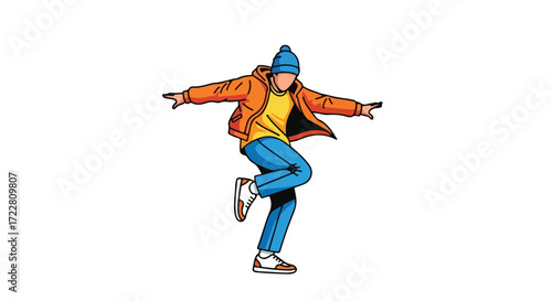 Cartoon illustration of a dancer performing a dynamic pose against a stark white backdrop showing energy and movement highlighting the joy of dance