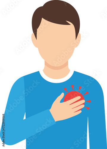 An illustration of a person holding their hand over their chest, highlighting a red pain area, indicating heart infection or chest pain