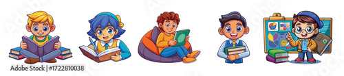 Engaging Cartoon Students Immersed in Learning Diverse Characters Reading, Writing, and Presenting Information with Vibrant Colors