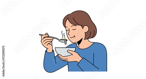 Cartoon depiction of a woman relishing a steaming bowl of soup with a spoon with eyes closed, savoring the aroma and flavor profile in detail