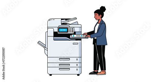Woman Operating Multifunction Printer Copier for Office Productivity and Document Management Solutions, Business Environment, Paperwork Automation,