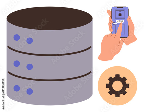 Large data server stack, hand unlocking mobile app, and gear symbolizing security and system configuration. Ideal for cybersecurity, data storage, cloud computing, IT solutions, technology, software