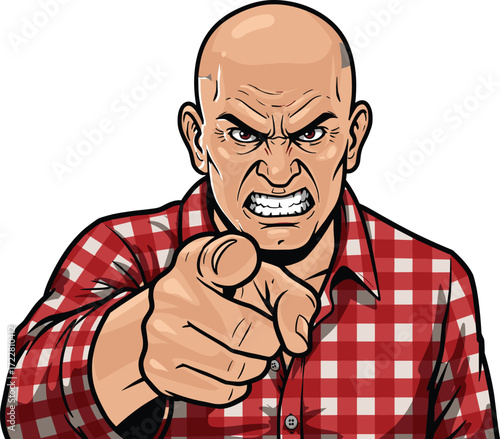 Angry bald man cartoon illustration, furious expression pointing finger, aggressive character in red checkered shirt, emotional artwork vector drawing for comic, design, clipart use