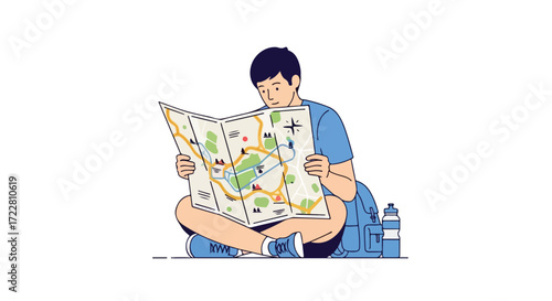 Adventurous explorer with roadmap, planning a route for an outdoor trek and adventure, journey navigation and discovery exploration planning with