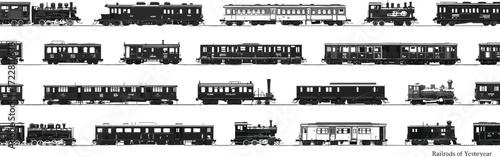 Collection of vintage trains, steam locomotives, railway carriages, old transportation, retro rail engines, historical vehicles - cad drawing flat vector illustration