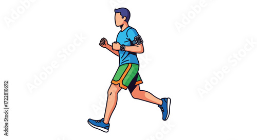 Dynamic vector illustration depicting a man running with wearable technology for fitness tracking and digital connectivity while jogging on a plain
