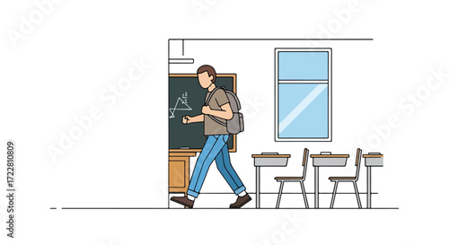 Sketch illustration: Student walking out of classroom after math lesson conceptual scene depiction with blackboard and desks portraying academic