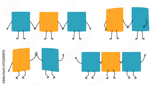 Cute Geometric Square Characters Collection. Handdrawn Colorful Square Friendship Characters Collection. Friendship and Teamwork Square Characters Collection.