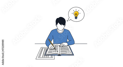 Boy having brilliant thoughts writing something in notebook with a pencil illustration cartoon style minimal colors