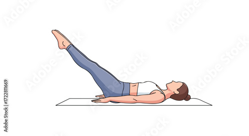 Woman Demonstrating Pilates Leg Lift Exercise on a Mat for Core Strengthening and Body Conditioning Routine to Improve Flexibility and Wellness