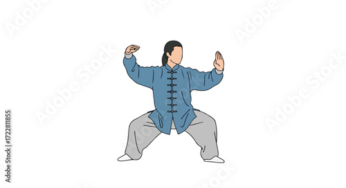 Tai Chi Practitioner in Traditional Attire Demonstrating Balance and Focus on White Background, Promoting Wellness Through Mindful Movement and