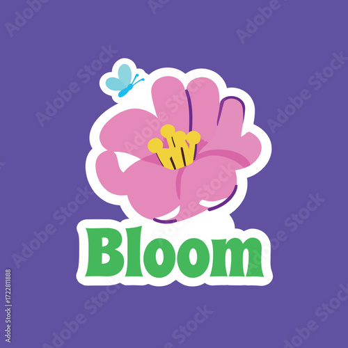 "Bloom" sticker with a vibrant pink flower and a small butterfly, a lively and cheerful illustration for spring and nature themes.
