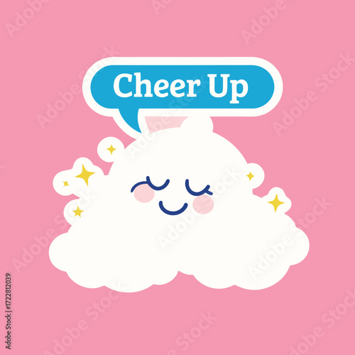 "Cheer Up" sticker with a cute, sleepy cloud character and speech bubble, a gentle and calming illustration for a peaceful mood.