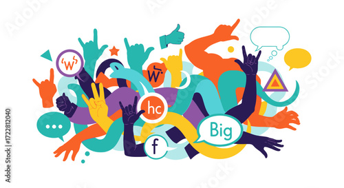 Vibrant Social Media Engagement Illustration with Diverse Hands and Icons.