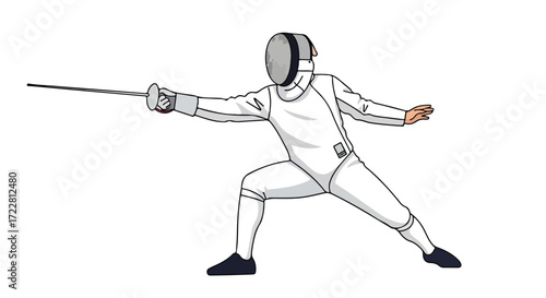 Fencer poised for action in protective gear executing competitive fencing stance preparing to strike