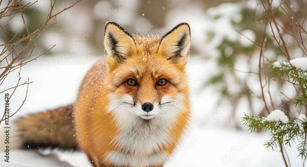 Obraz premium A stunning close-up portrait of a wild red fox (Vulpes vulpes) with beautiful orange fur and intelligent eyes, sitting in the snow during a calm winter day