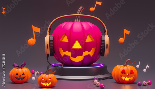 Pumpkin with headphones surrounded by smaller pumpkins celebrating Halloween with music notes floating around Generative AI