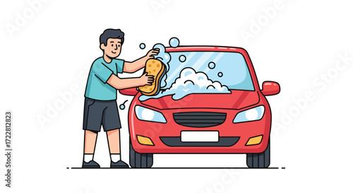 Enthusiastic man carefully soaping a red vehicle with foamy cleaner and a sponge during meticulous auto washing activity