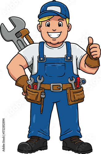 Handyman illustration, cartoon mechanic character, smiling repair worker, blue overalls, tool belt, wrench, thumbs up, maintenance service, construction, repairman