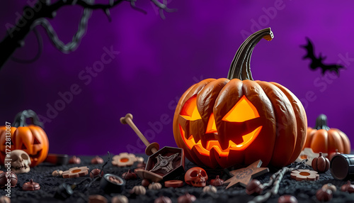 Festive Halloween scene with carved pumpkin and spooky decorations for autumn celebration fun Generative AI