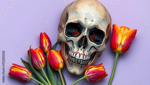 Colorful skull surrounded by vibrant orange and yellow tulips on a soft purple background creates a striking artistic scene Generative AI