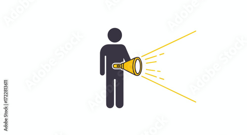 Person icon emitting bright light from a handheld flashlight, illustrating guidance and direction symbolization using simplistic design and visual