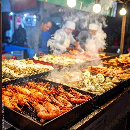 Street food seafood stall at night
