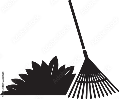 Silhouette Rake and Leaves Illustration of Yard Work and Autumn