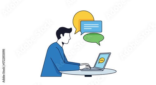 Digital Dialogue: Man Engaging in Online Communication with Colorful Speech Bubbles Emphasizing Interaction and Connectivity