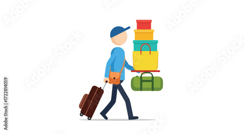 Stylized illustration of a man carrying an excessive amount of luggage and bags while walking to destination