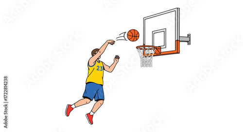Basketball player in mid-air shooting towards the basket, illustration on white background showcase the sport concept using modern drawing techniques